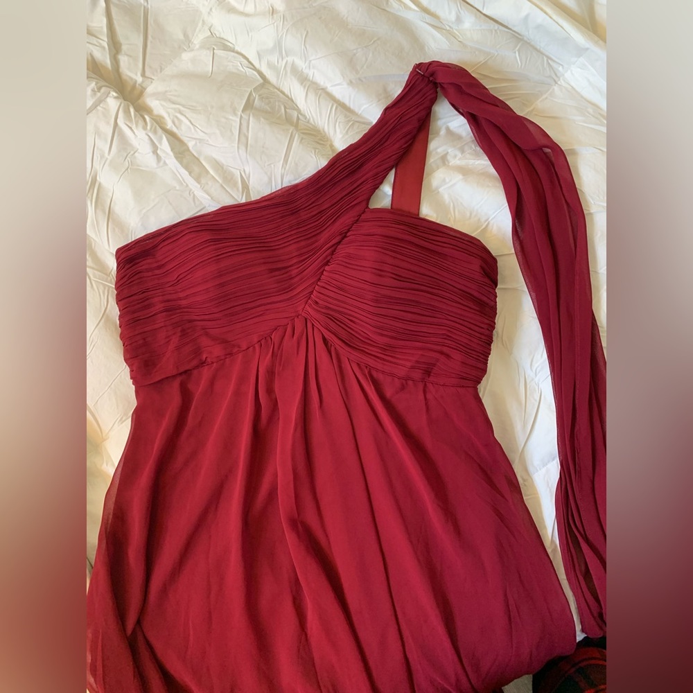 Pleated One Shoulder Long Chiffon Formal Evening Dress, Burgundy - Picture 2 of 7